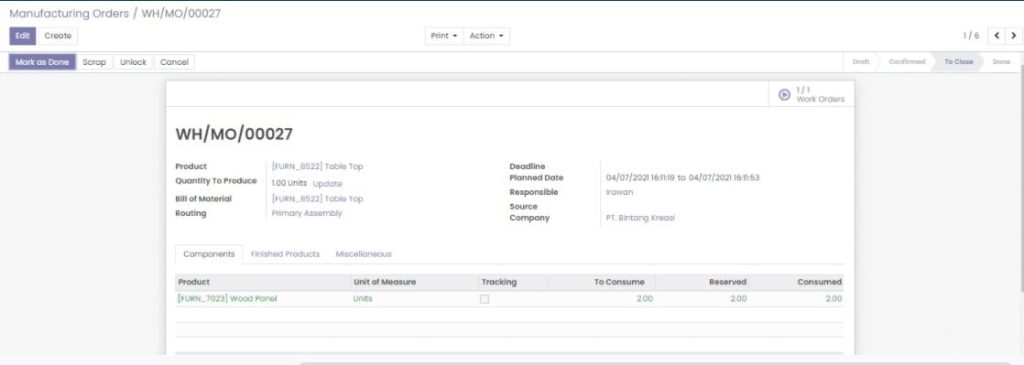 Odoo Manufacturing Manufacturing Orders yang Telah Dibuat