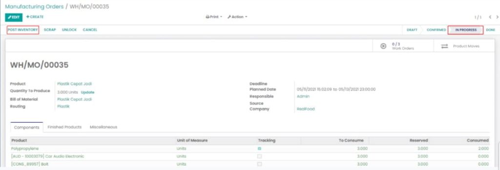 Odoo Manufacturing Klik Post Inventory