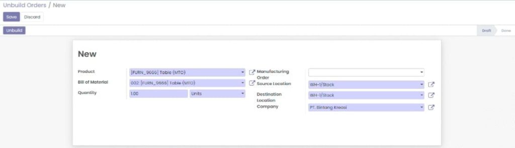 Odoo Manufacturing Unbuild Orders