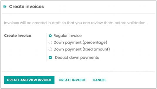 Odoo accounting create invoice deduct down payments