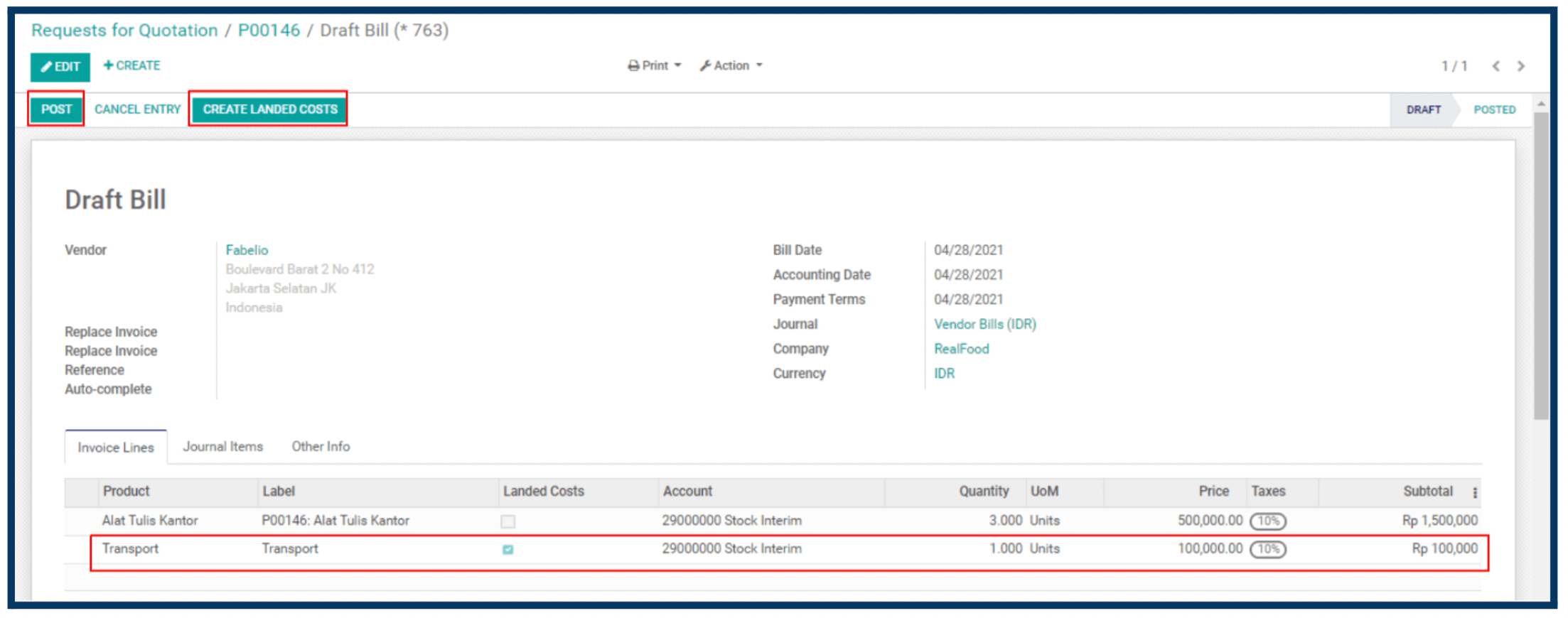 Odoo Landed Cost Purchase Order