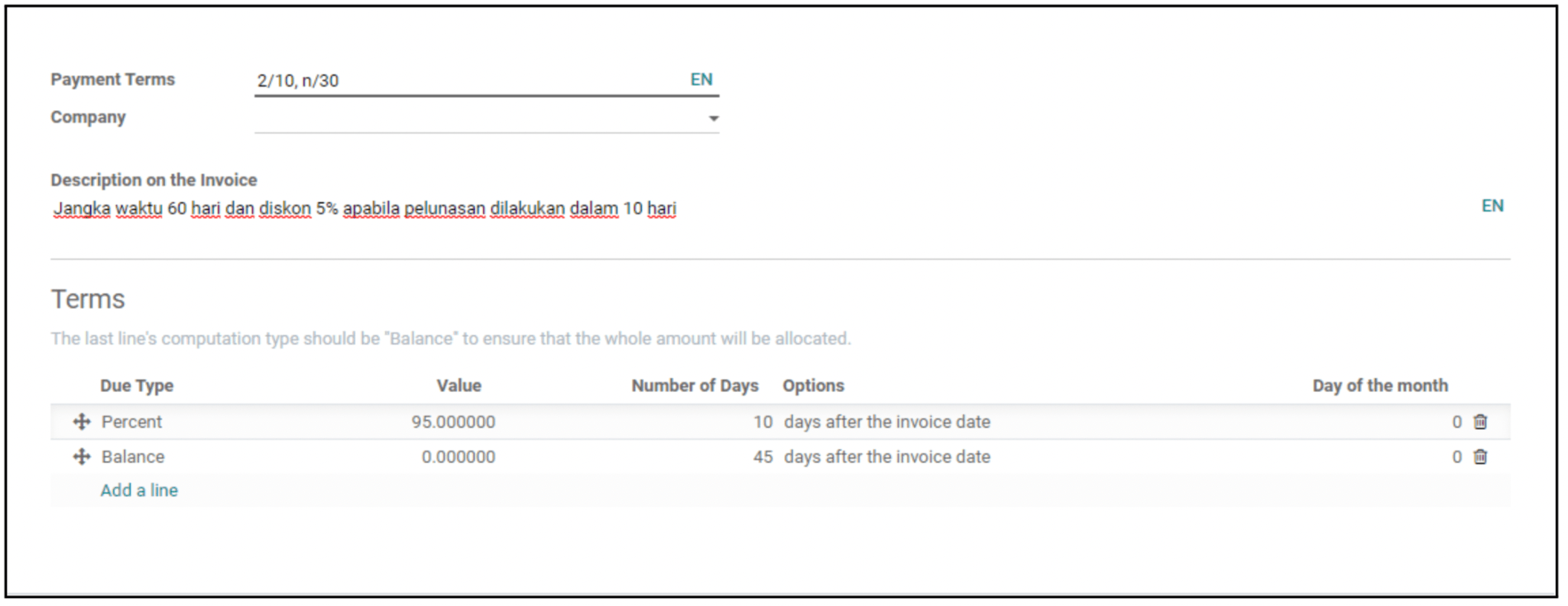 Odoo Accounting Module Invoicing Payment Terms