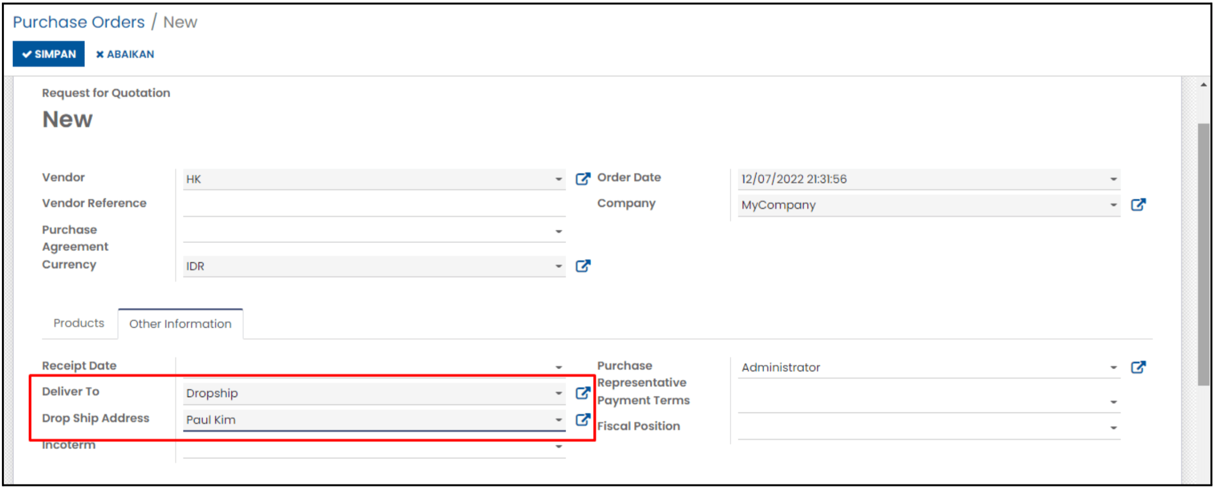 Odoo Purchase Module Configuration Settings Dropshipping