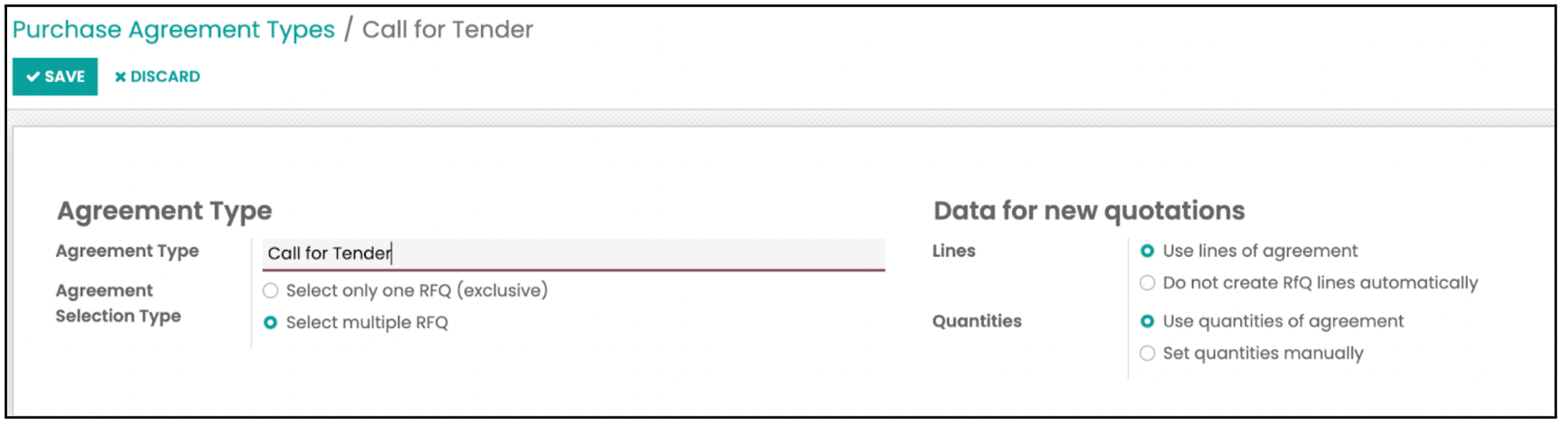 Odoo Purchase Module Configuration Purchase Agreement Types
