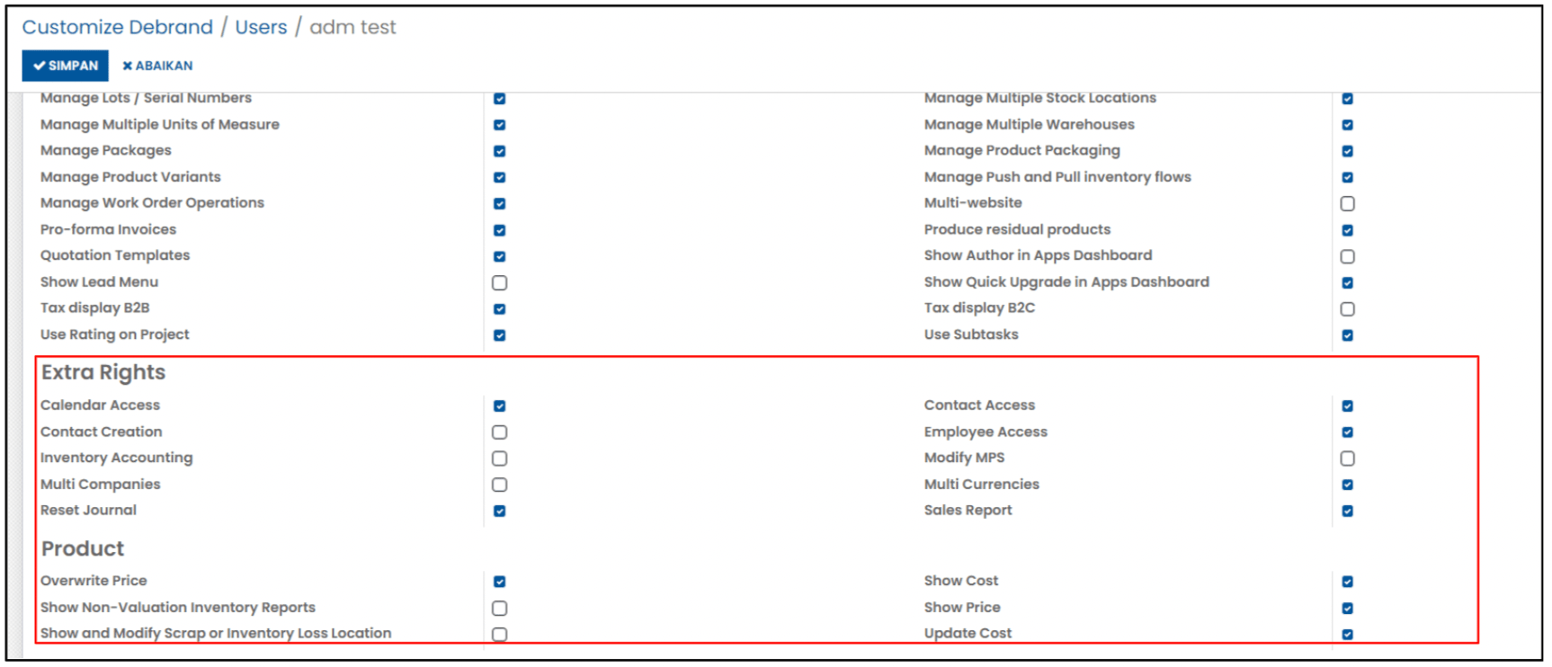 Odoo General Settings Additional User Access Rights